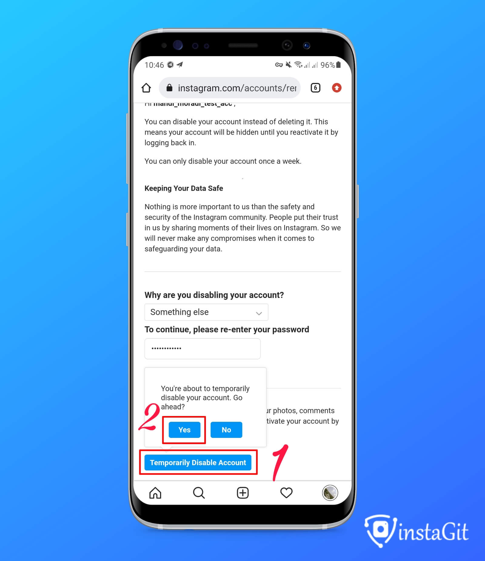 تکمیل مراحل نحوه دی اکتیو اینستاگرام از طریق نسخه وب با گوشی - اینستاگیت
